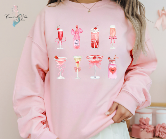 Coquette Pink Bows Cocktails Sweatshirt, Valentines Sweatshirt