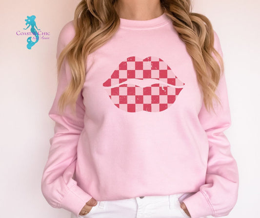 Valentine Lips Sweatshirt, Retro Checkered Lips Sweatshirt, Trendy Lip Kiss Sweatshirt, Checkered lipstick lips sweatshirt, Retro Trendy lip