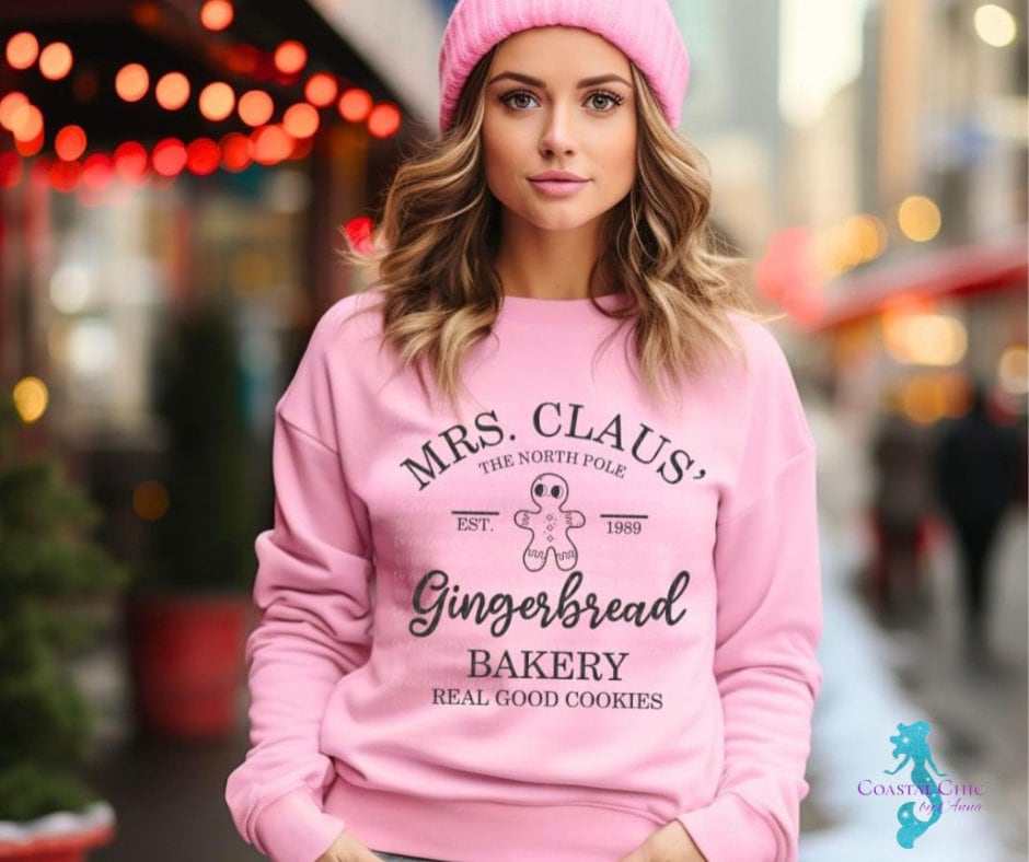 Mrs Claus Sweatshirt, Mrs Claus bakery shirt, Pink Mrs Claus shirt, North pole bakery shirt, gingerbread bakery shirt, christmascookie shirt